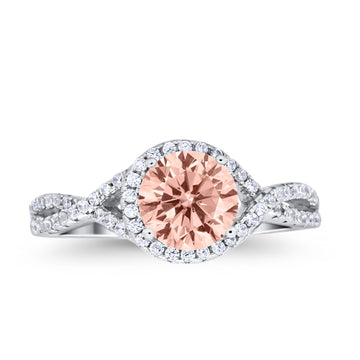 Halo Twisted Engagement Ring Simulated Morganite CZ 925 Sterling Silver